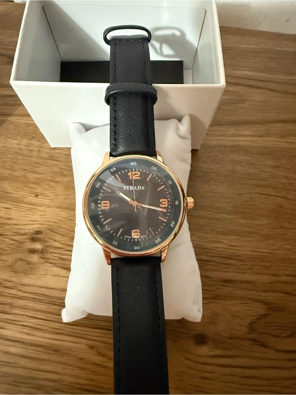 Strada Black Strap Watch with Rose Gold Case and Black Dial